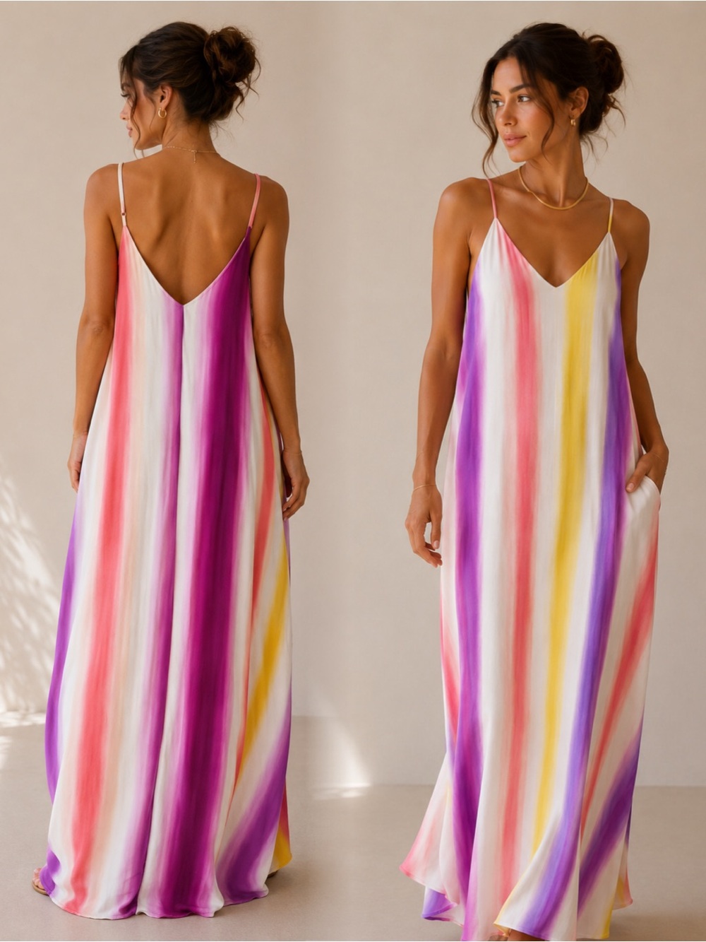 Striped V-Neck Maxi Dress in Multicolor